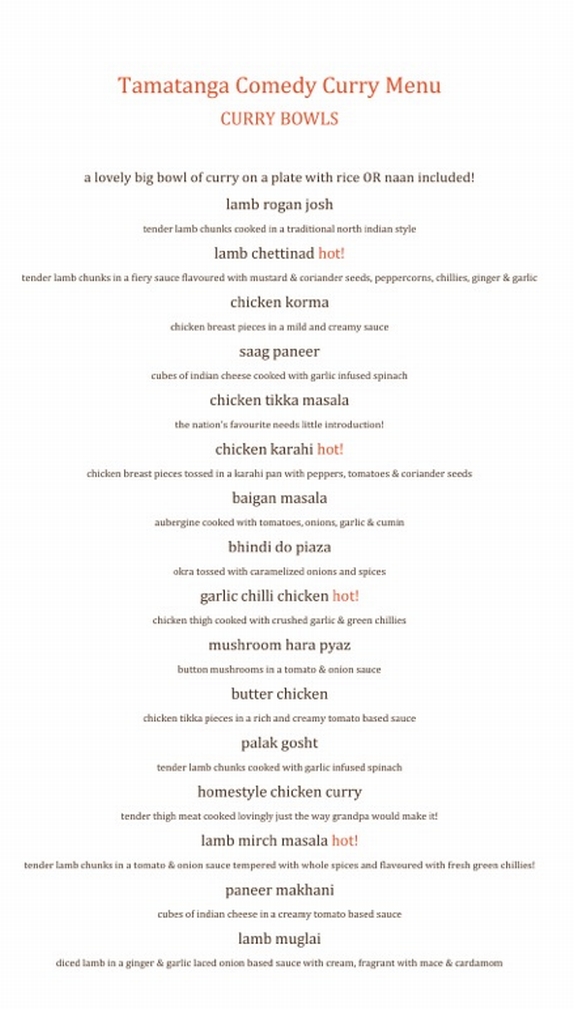 tamatanga comedy and curry menu